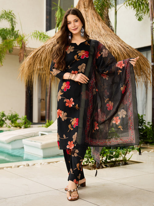 Black Silk Blend Printed Suit Set