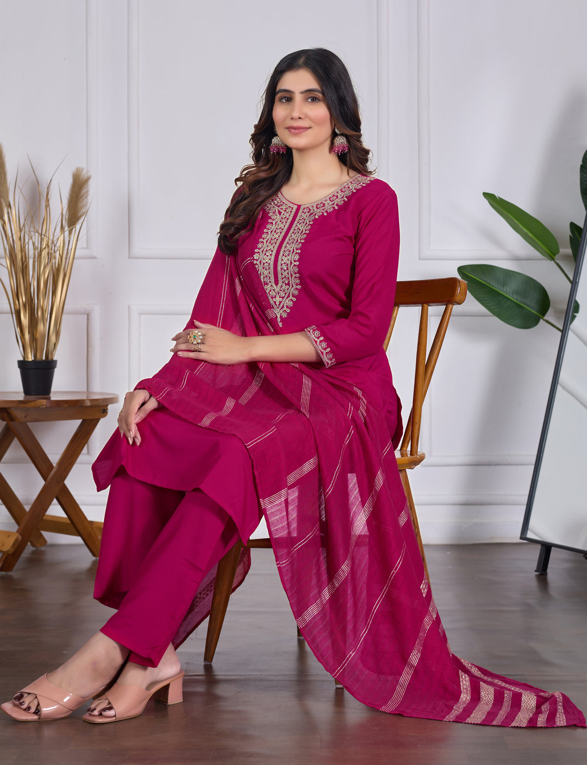 Magenta Red Embroidered Rayon Slub Kurta Set
