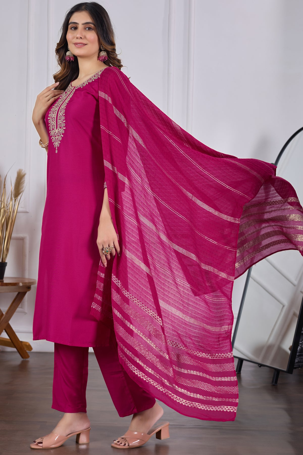 Magenta Red Embroidered Rayon Slub Kurta Set