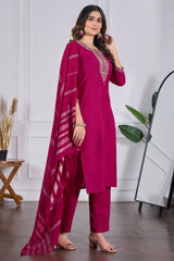 Magenta Red Embroidered Rayon Slub Kurta Set