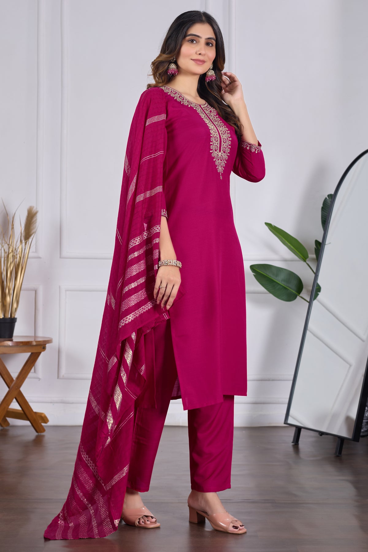 Magenta Red Embroidered Rayon Slub Kurta Set