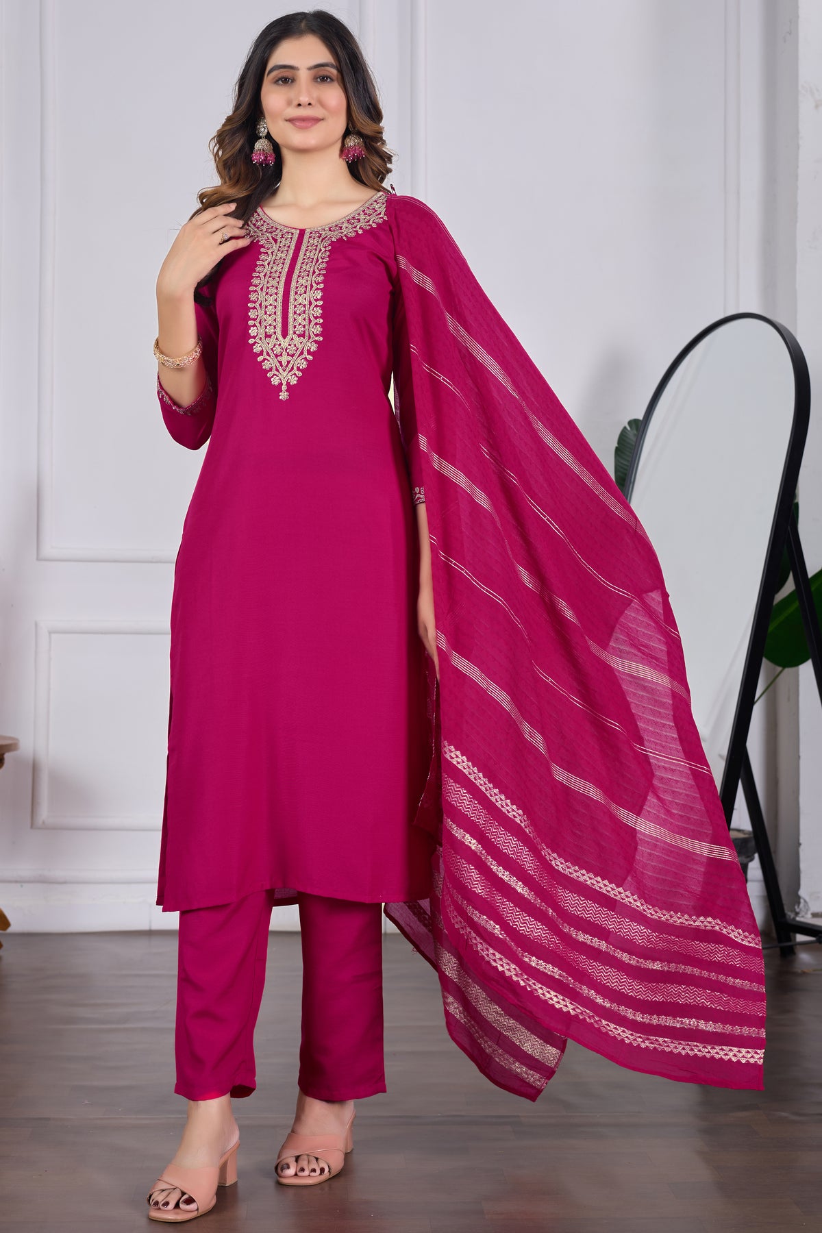 Magenta Red Embroidered Rayon Slub Kurta Set