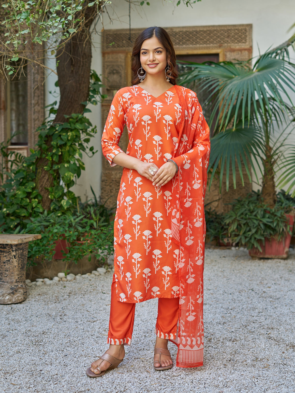 Orange Printed Cotton Blend Kurta Set