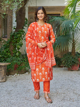Orange Printed Cotton Blend Kurta Set
