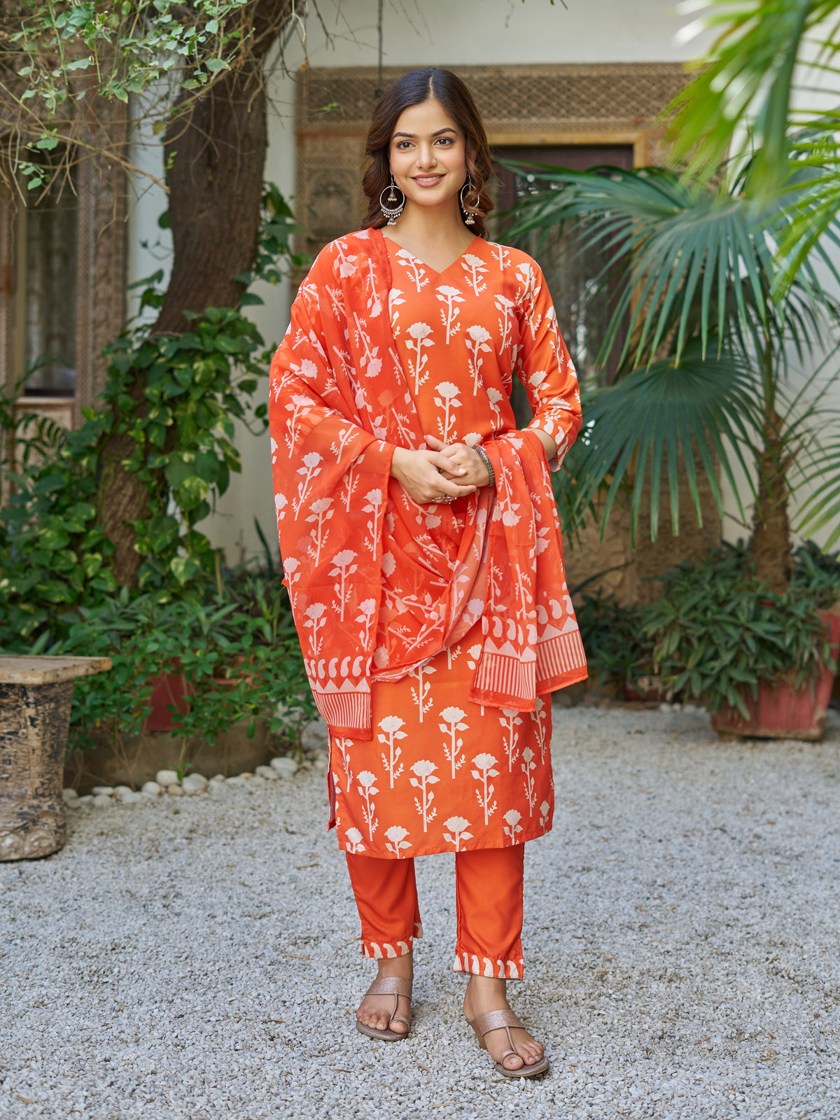 Orange Printed Cotton Blend Kurta Set