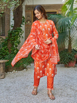 Orange Printed Cotton Blend Kurta Set