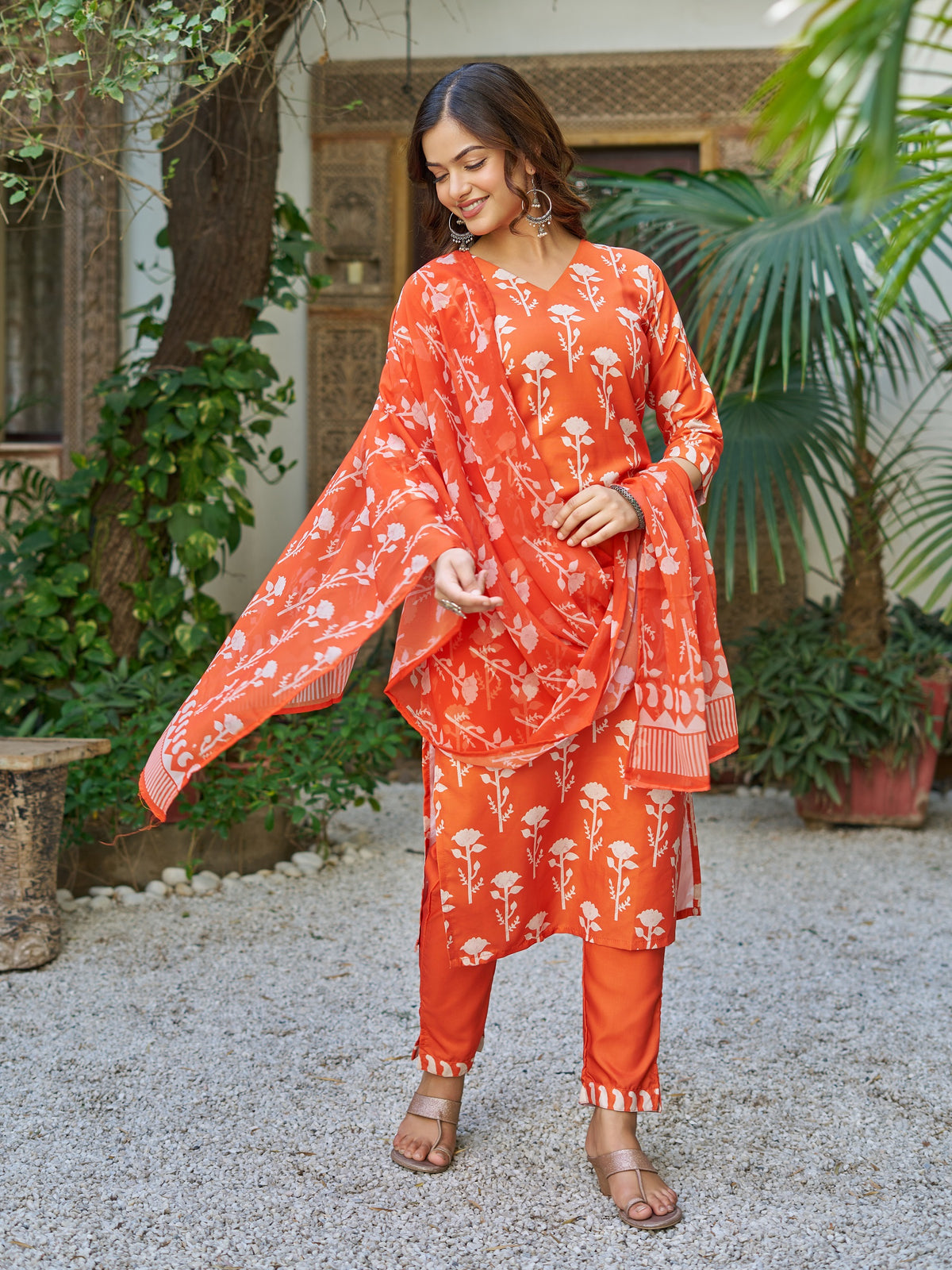 Orange Printed Cotton Blend Kurta Set