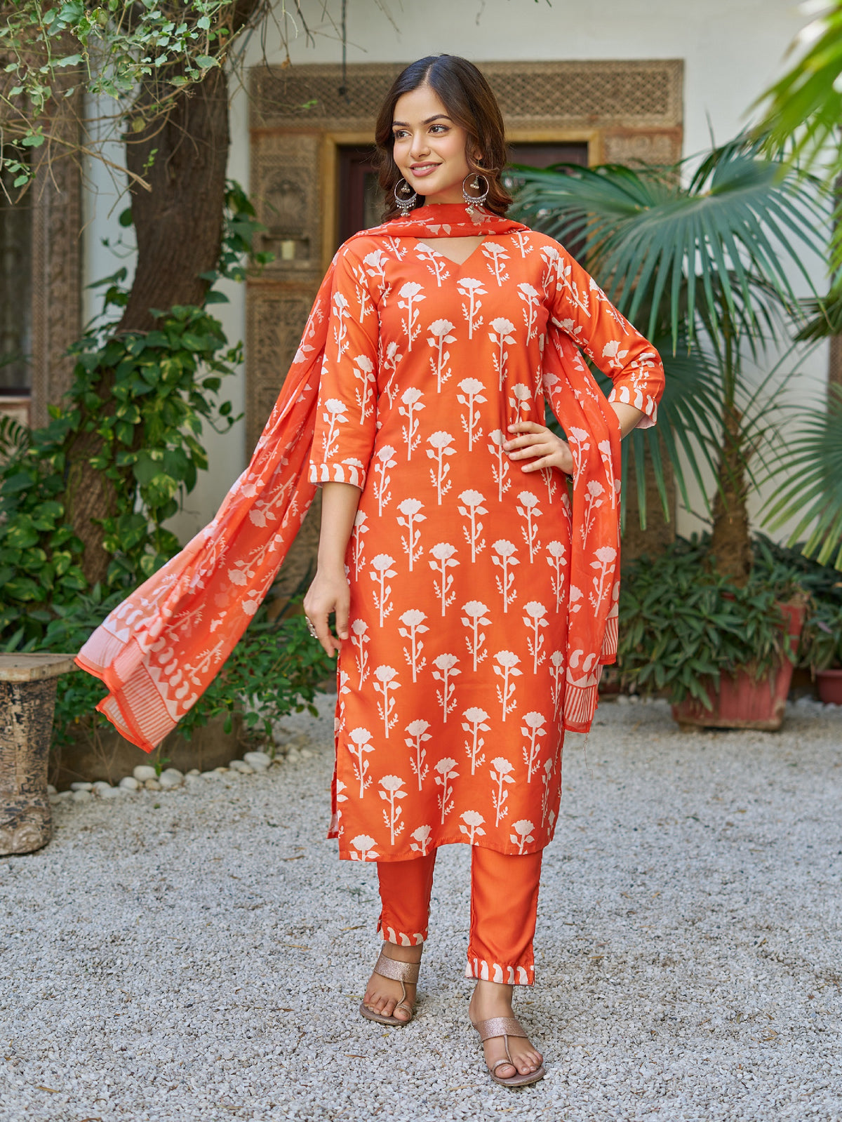 Orange Printed Cotton Blend Kurta Set