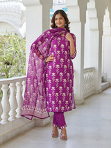Wine Printed Cotton Blend Kurta Set