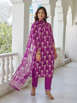 Wine Printed Cotton Blend Kurta Set