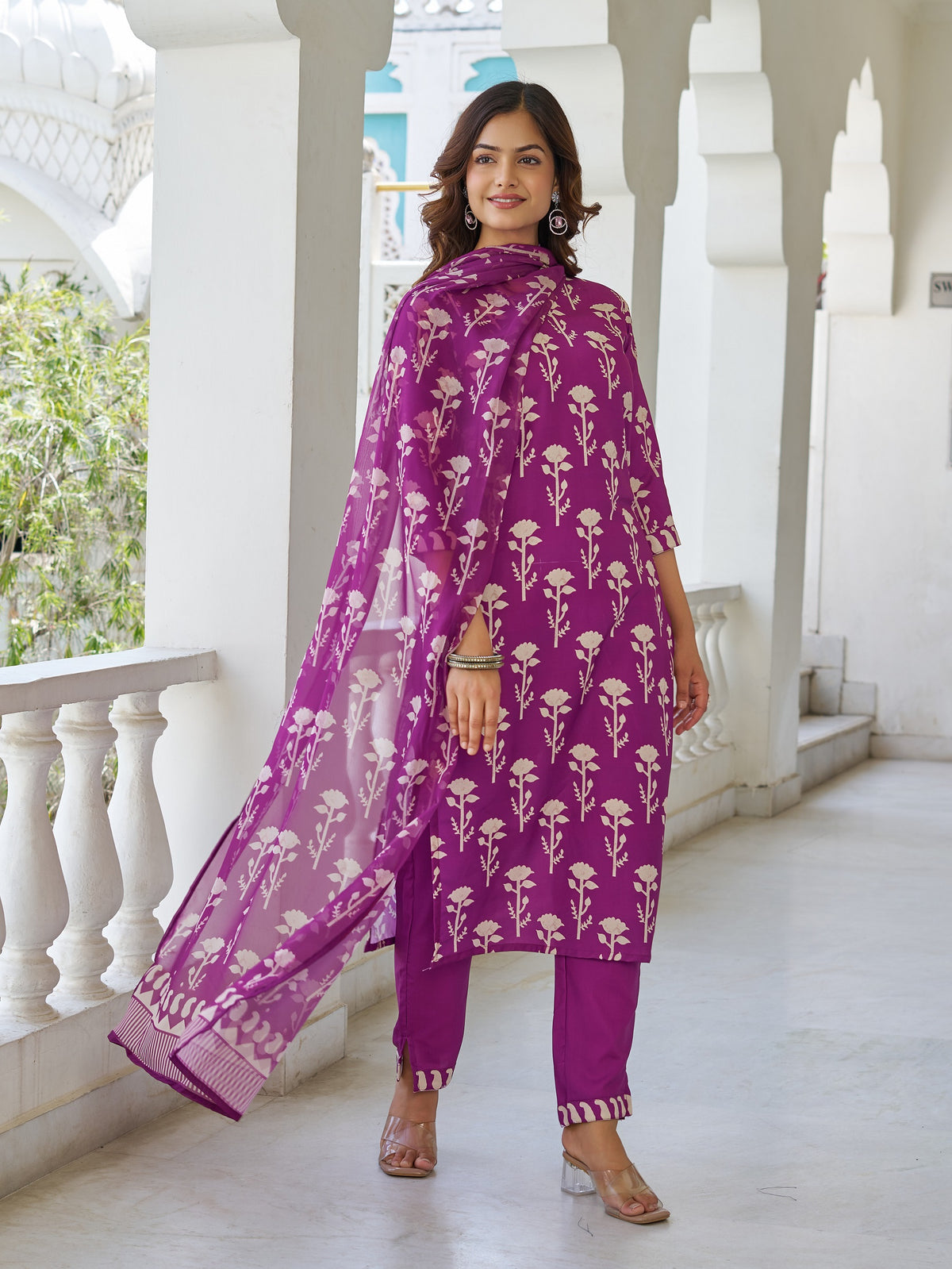 Wine Printed Cotton Blend Kurta Set