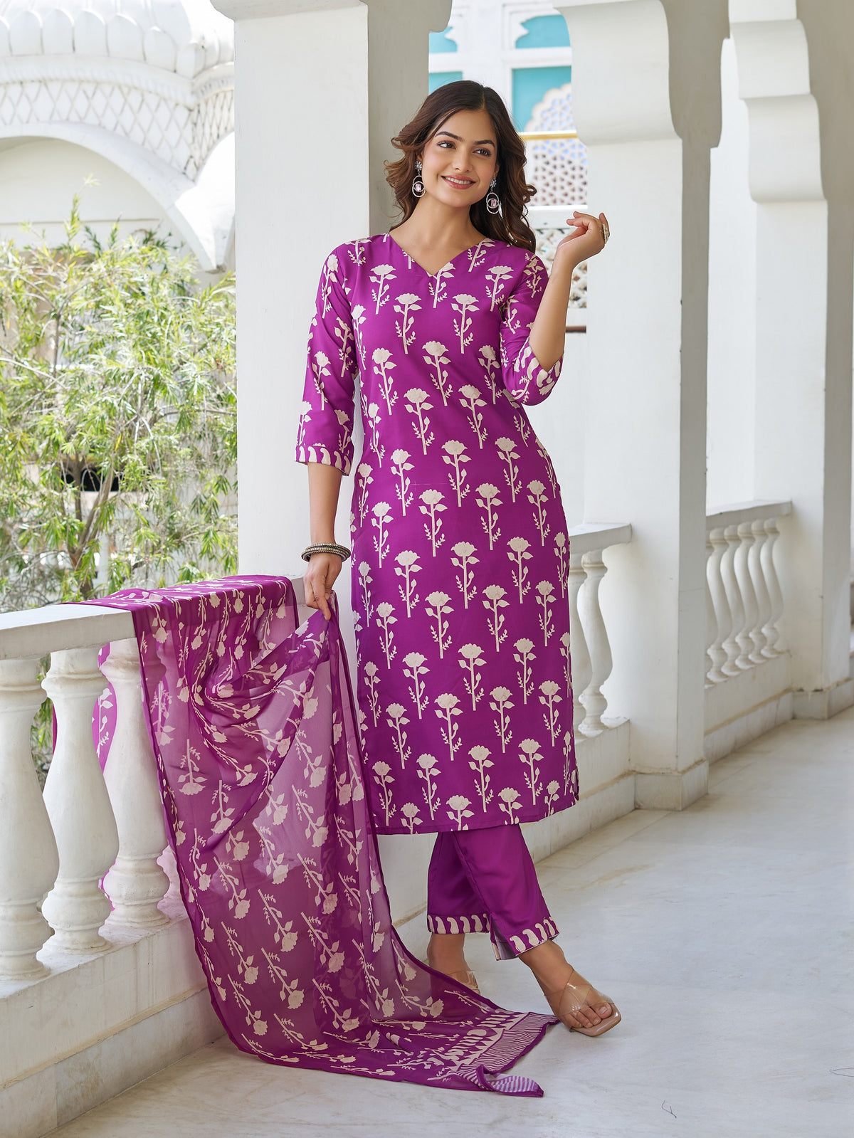 Wine Printed Cotton Blend Kurta Set