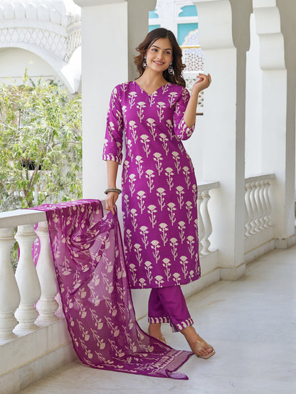 Wine Printed Cotton Blend Kurta Set