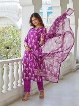 Wine Printed Cotton Blend Kurta Set