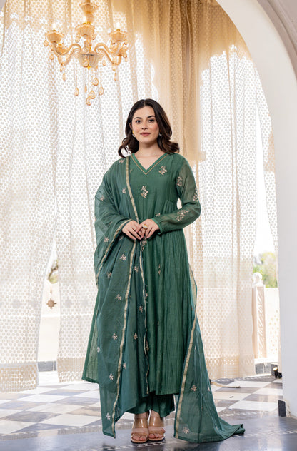 Dark Green Chanderi Silk Embroidered Suit Set