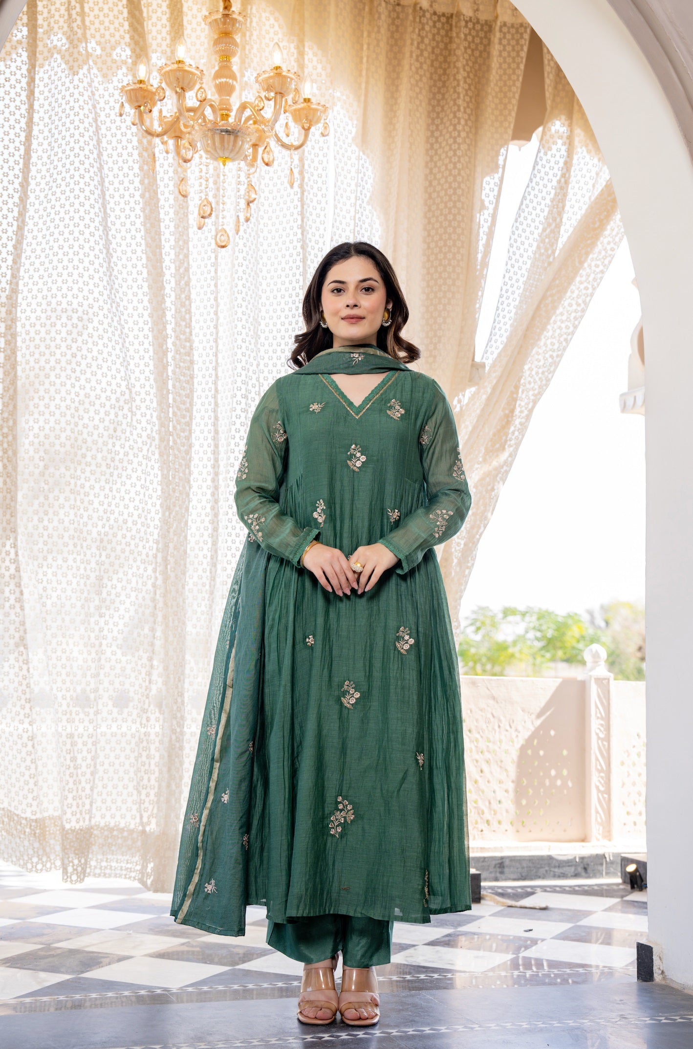 Dark Green Chanderi Silk Embroidered Suit Set