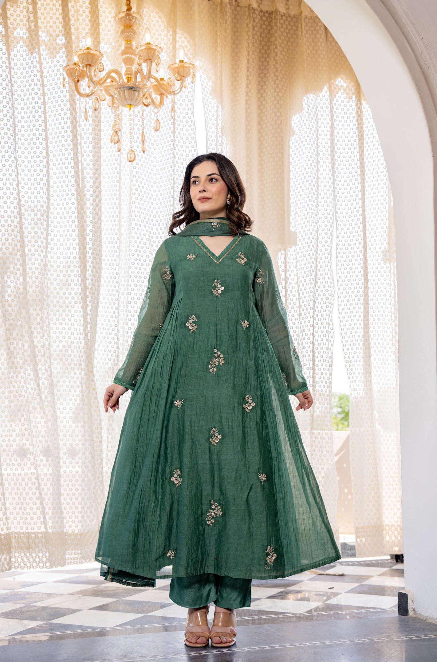 Dark Green Chanderi Silk Embroidered Suit Set