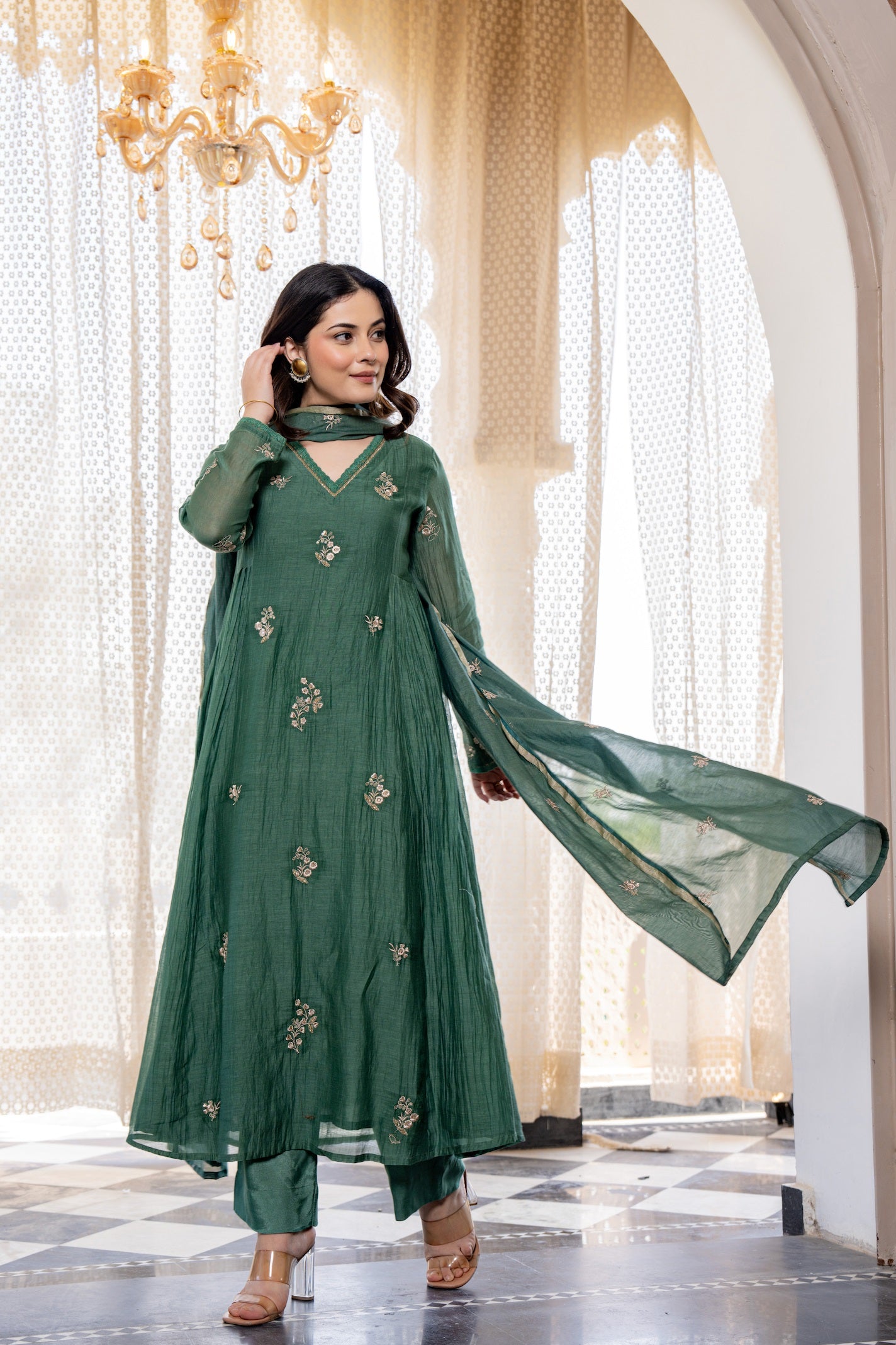 Dark Green Chanderi Silk Embroidered Suit Set