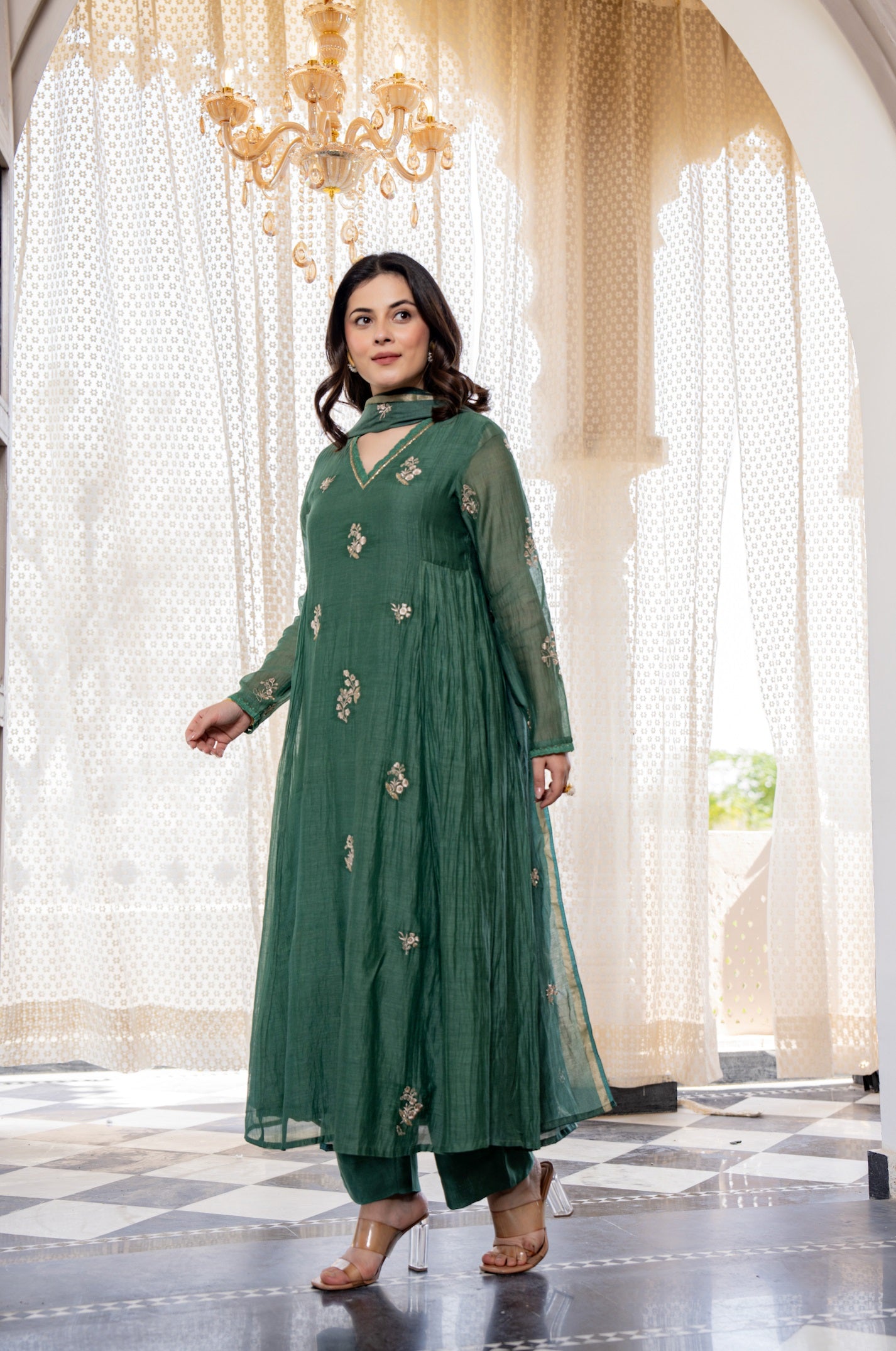 Dark Green Chanderi Silk Embroidered Suit Set