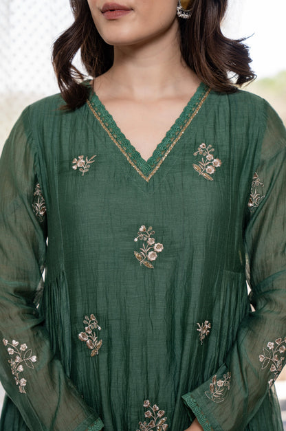 Dark Green Chanderi Silk Embroidered Suit Set