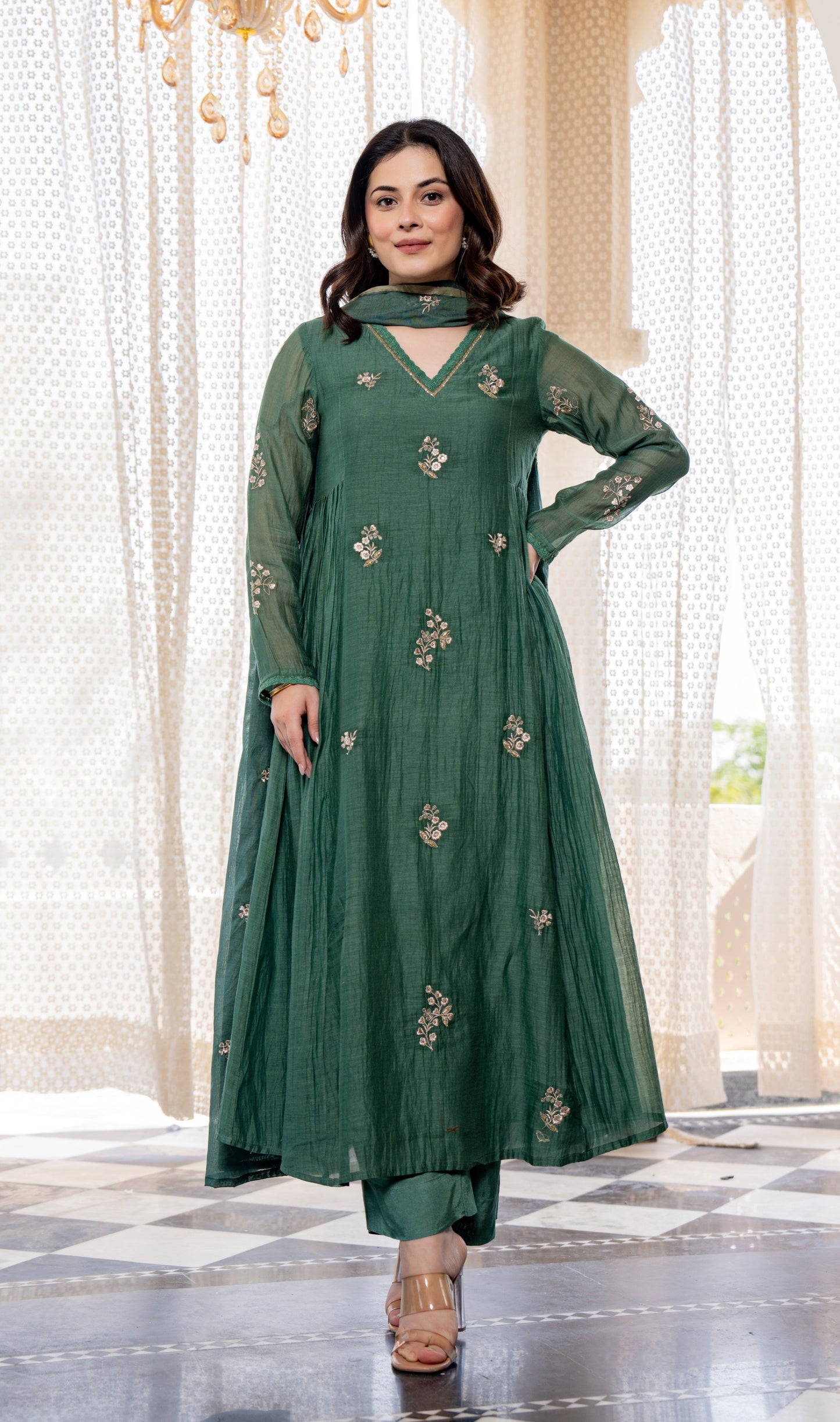 Dark Green Chanderi Silk Embroidered Suit Set