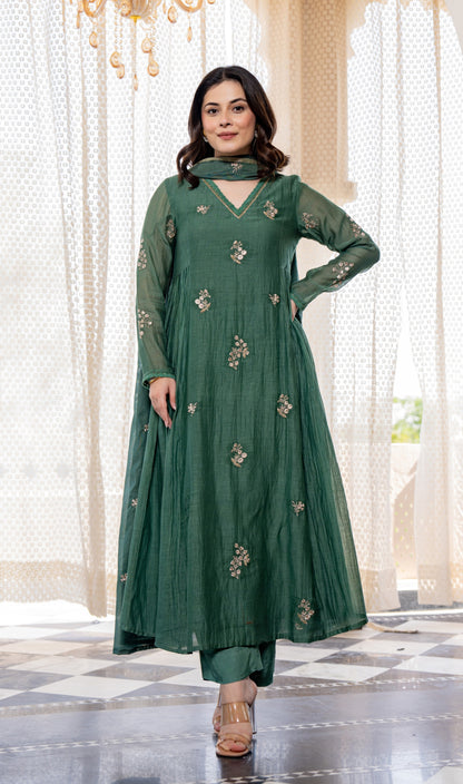 Dark Green Chanderi Silk Embroidered Suit Set