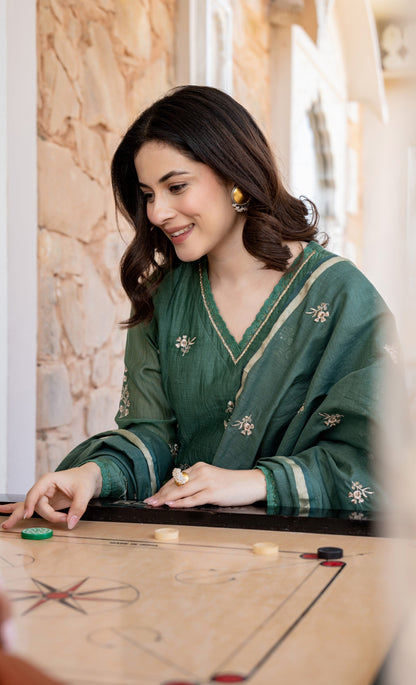 Dark Green Chanderi Silk Embroidered Suit Set