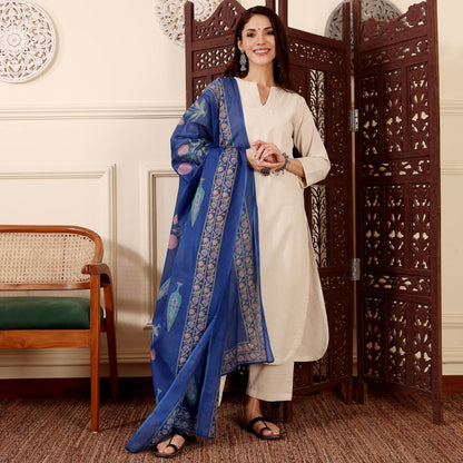 Cream Chanderi Silk Embroidered Kurta Set