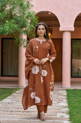 Brown Muslin Printed Suit Set
