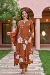 Brown Muslin Printed Suit Set