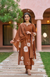 Brown Muslin Printed Suit Set