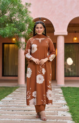 Brown Muslin Printed Suit Set