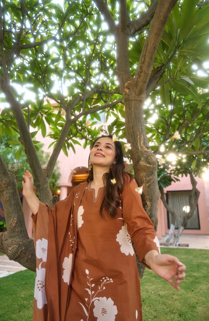 Brown Muslin Printed Suit Set