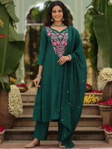 Green Embroidered Viscose Rayon Kurta Set