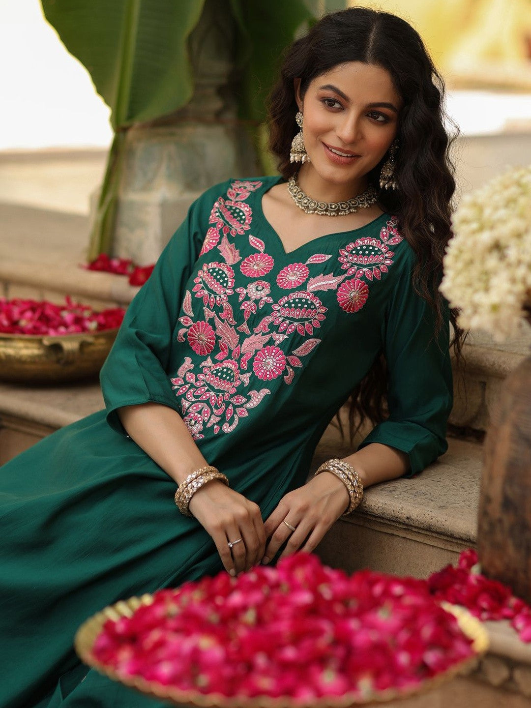 Green Embroidered Viscose Rayon Kurta Set