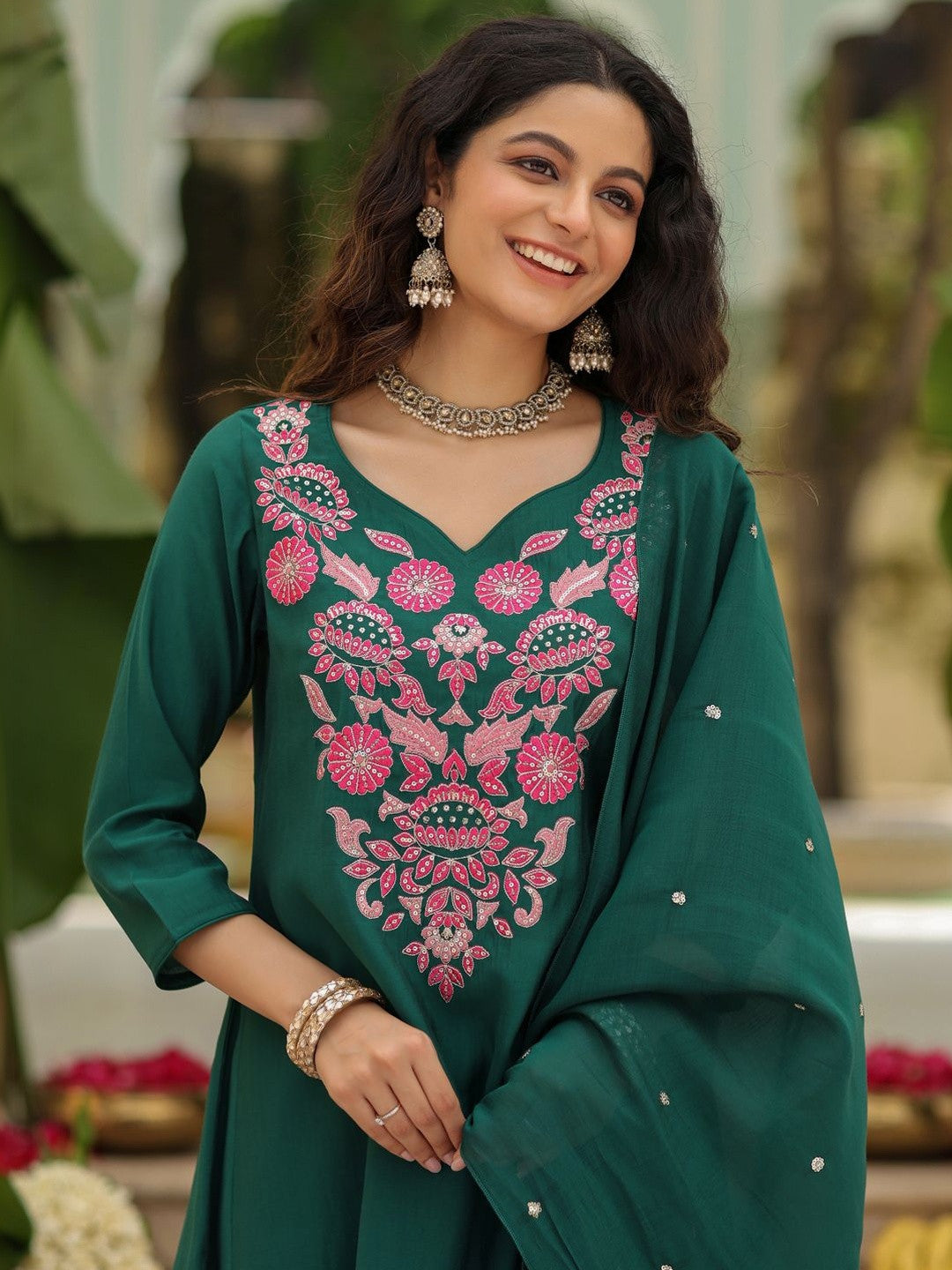 Green Embroidered Viscose Rayon Kurta Set