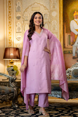 Pink Embroidered Viscose Rayon Kurta Set