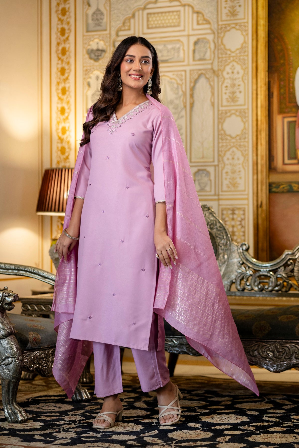 Pink Embroidered Viscose Rayon Kurta Set