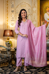 Pink Embroidered Viscose Rayon Kurta Set