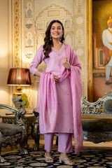 Pink Embroidered Viscose Rayon Kurta Set