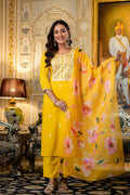 Yellow Elegant Viscose Rayon Embroidered Kurta Set