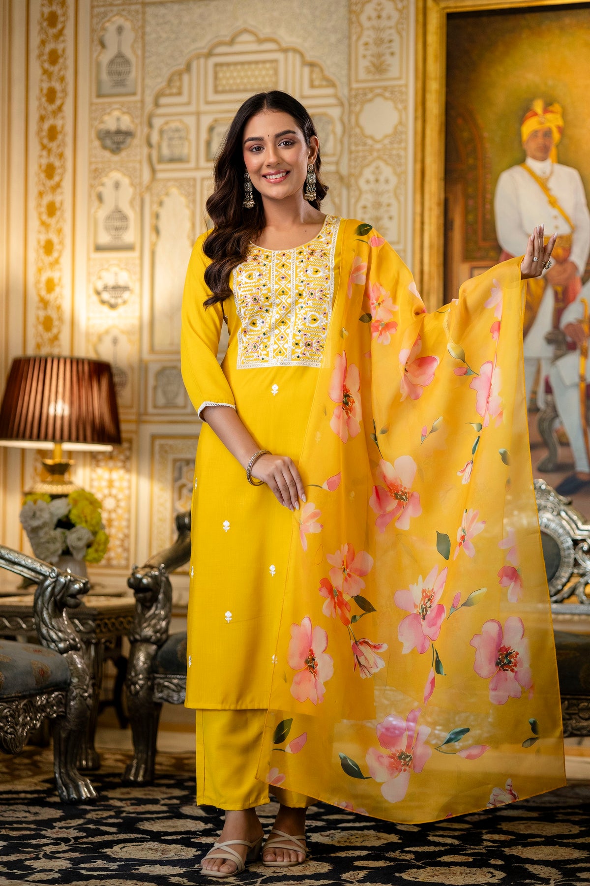 Yellow Elegant Viscose Rayon Embroidered Kurta Set