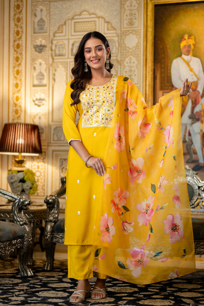 Yellow Elegant Viscose Rayon Embroidered Kurta Set
