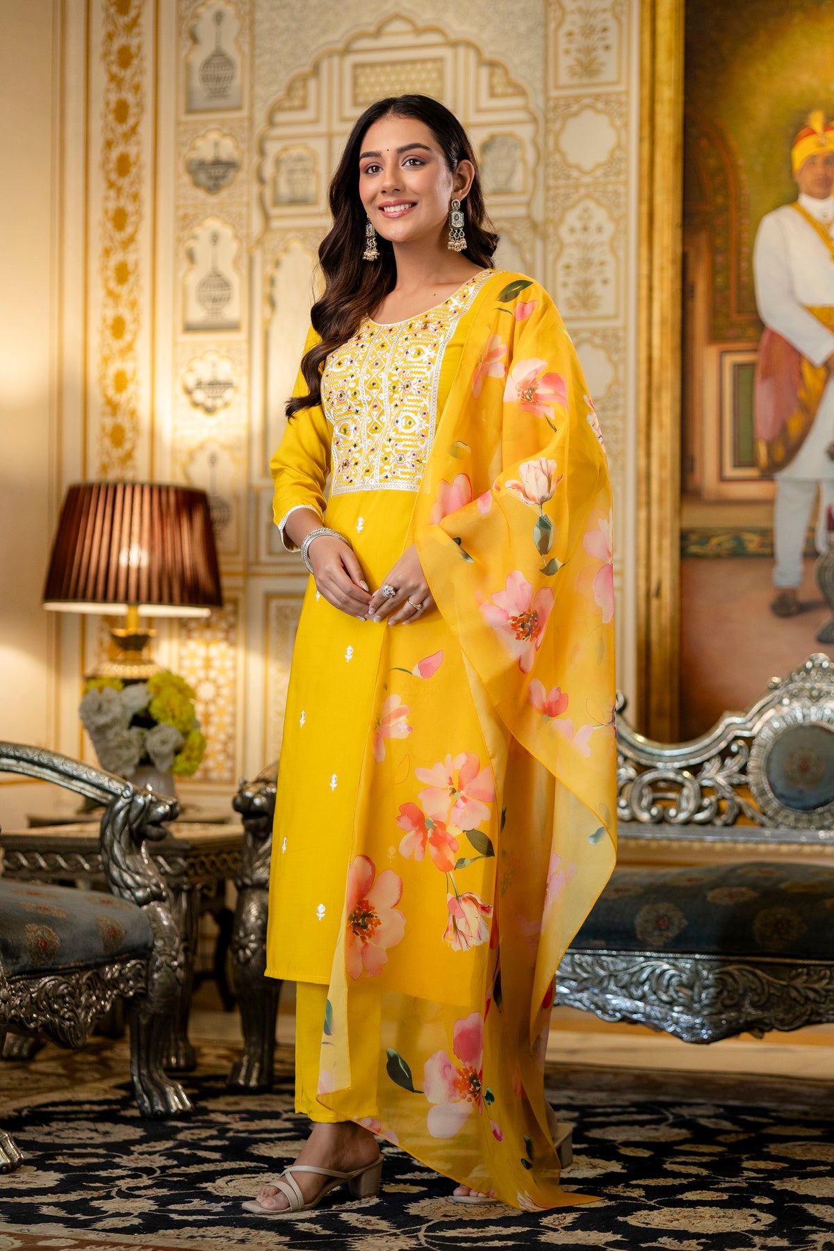 Yellow Elegant Viscose Rayon Embroidered Kurta Set