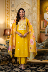 Yellow Elegant Viscose Rayon Embroidered Kurta Set