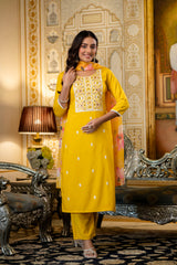 Yellow Elegant Viscose Rayon Embroidered Kurta Set