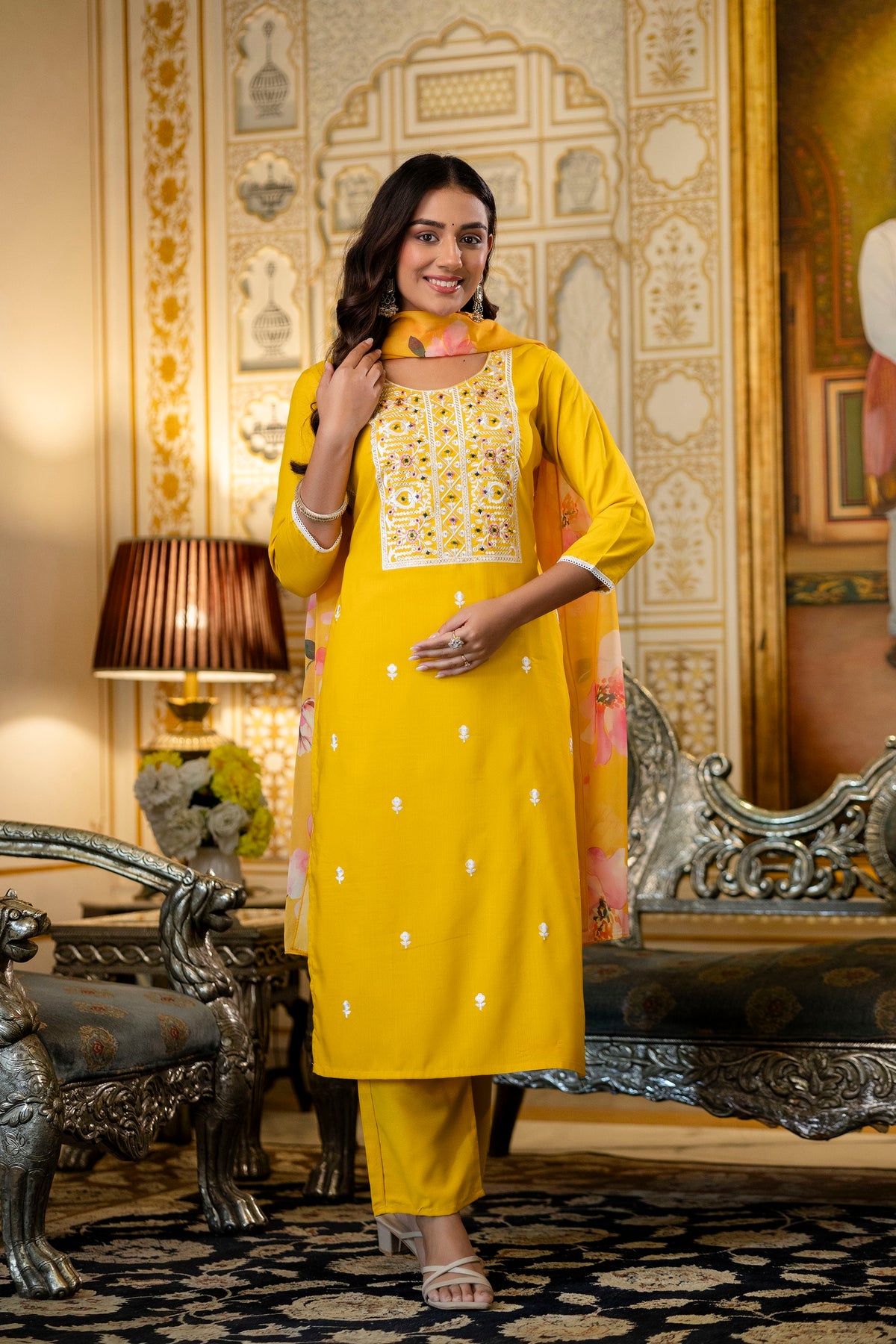 Yellow Elegant Viscose Rayon Embroidered Kurta Set