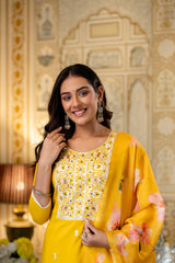 Yellow Elegant Viscose Rayon Embroidered Kurta Set