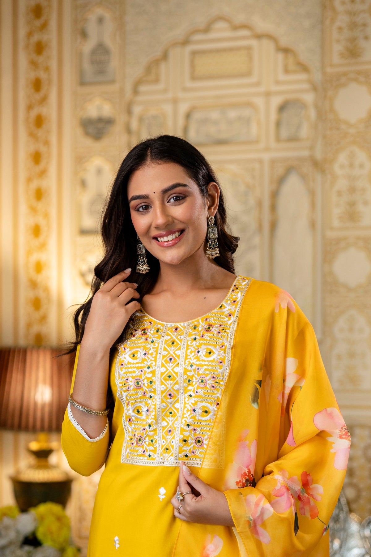 Yellow Elegant Viscose Rayon Embroidered Kurta Set