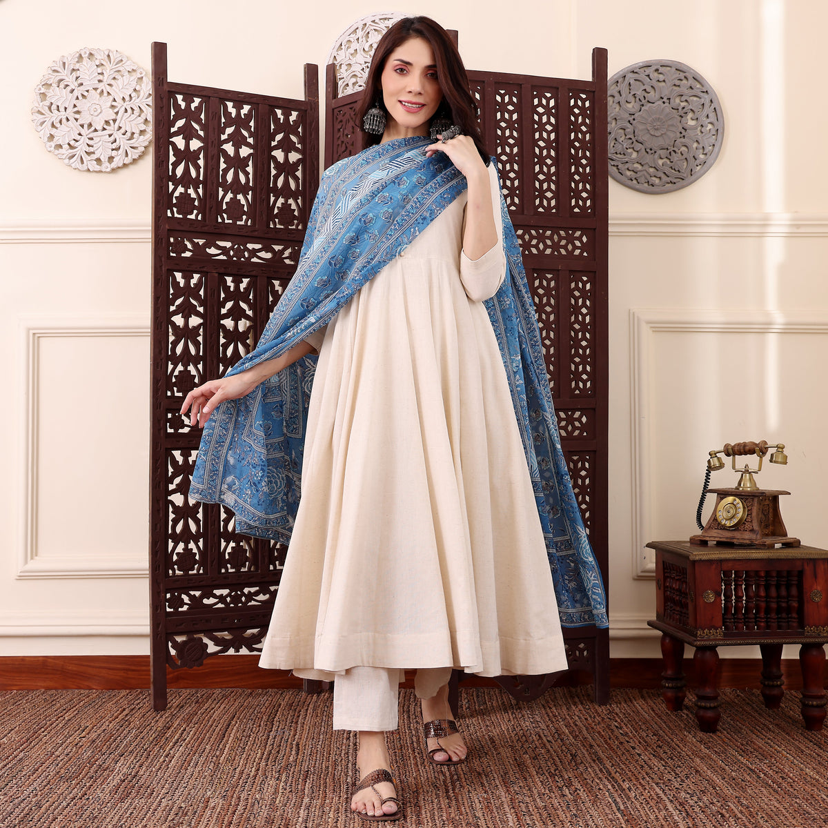 Elegant Cream Chanderi Silk Anarkali Suit